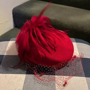 Sonni San Francisco Red Feathered Pillbox Fascinator with Net Veil